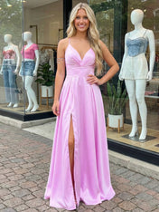 Sweet Pink Satin V-Neck A-Line Prom Dress with Slit