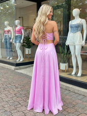 Sweet Pink Satin V-Neck A-Line Prom Dress with Slit