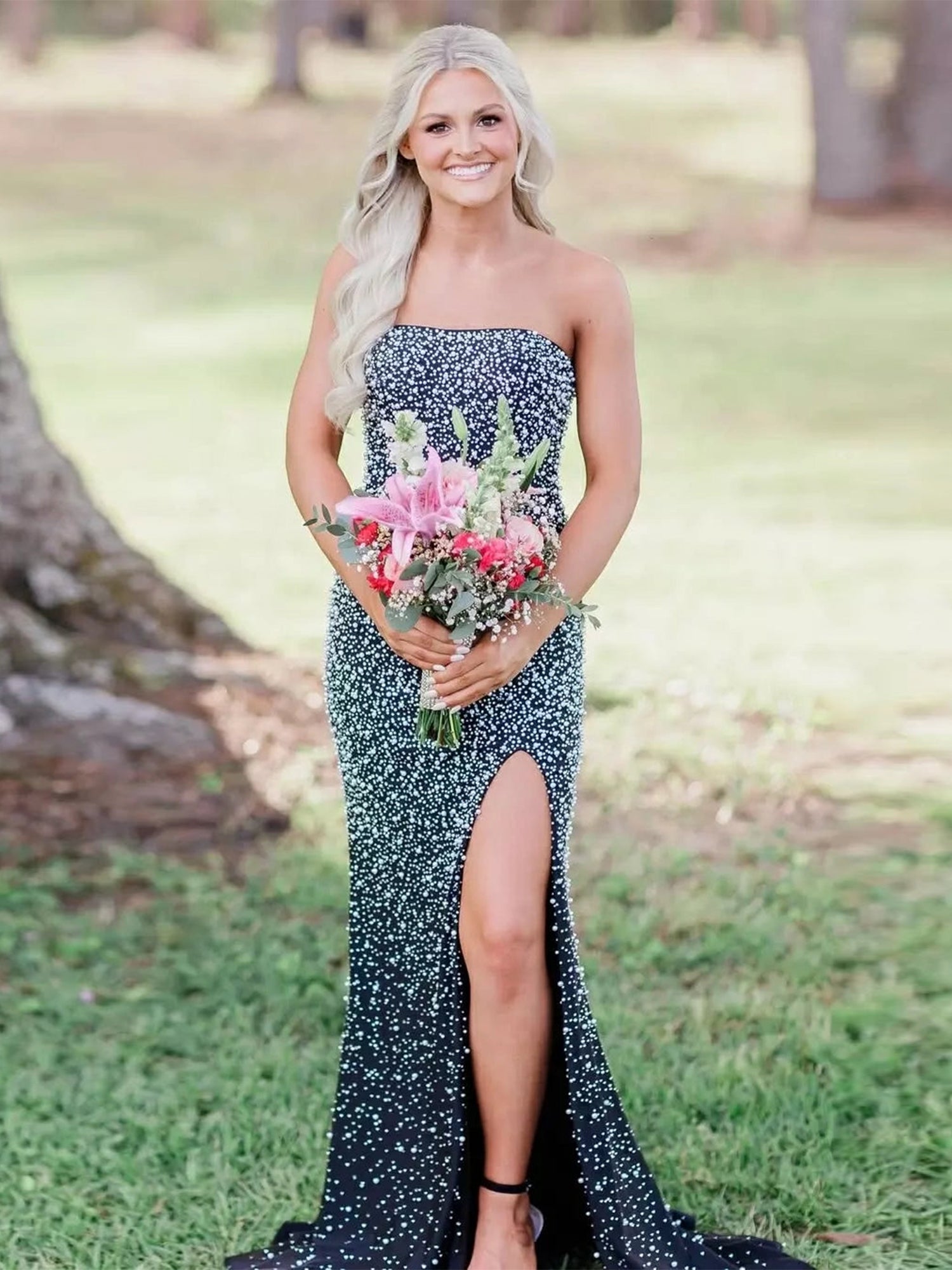 Sweet Pink Strapless Pearl Embellished Slit Prom Dresses