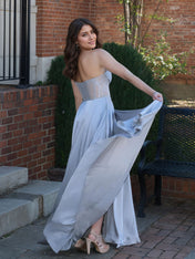 Sweetheart A-Line Satin Beaded Corset Prom Dress with Slit