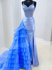 Sweetheart Blue Satin Corset Prom Dress with Ruffled Train