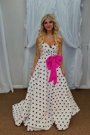 Sweetheart Dot Satin Long Prom Dress with Bow