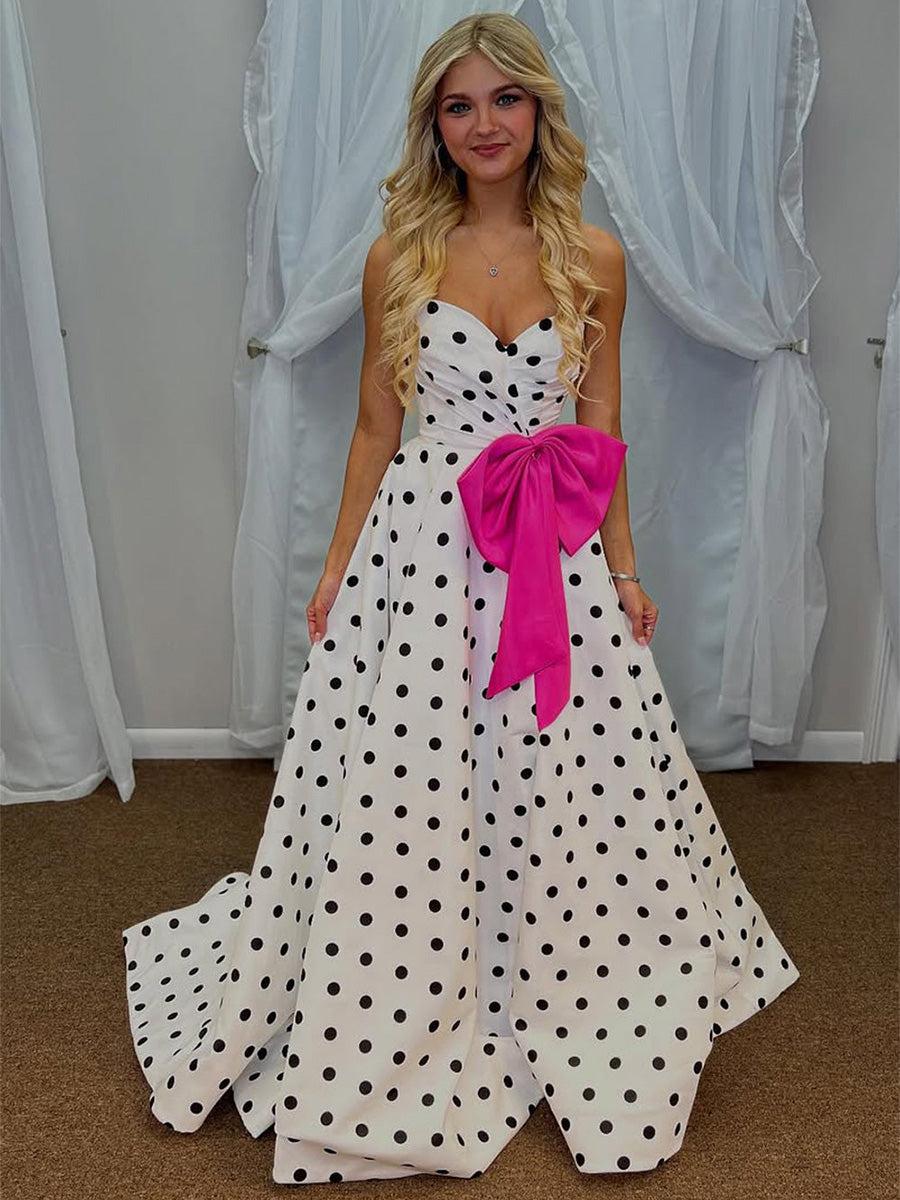 Sweetheart Dot Satin Long Prom Dress with Bow