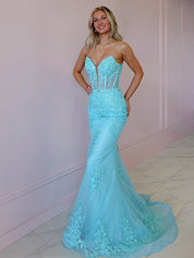 Light Blue Mermaid Strapless Corset Lace Long Prom Dress with Appliques