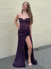 Sweetheart Mermaid Appliqued Long Corset Prom Dress with Slit