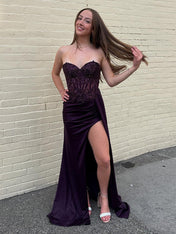 Sweetheart Mermaid Appliqued Long Corset Prom Dress with Slit