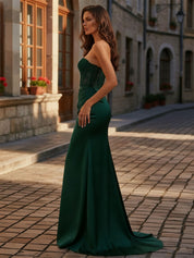 Sweetheart Sheer Lace Corset Satin Prom Dress with Slit