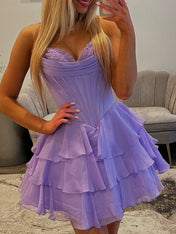 A Line Short Corset Homecoming Dress with Ruffles