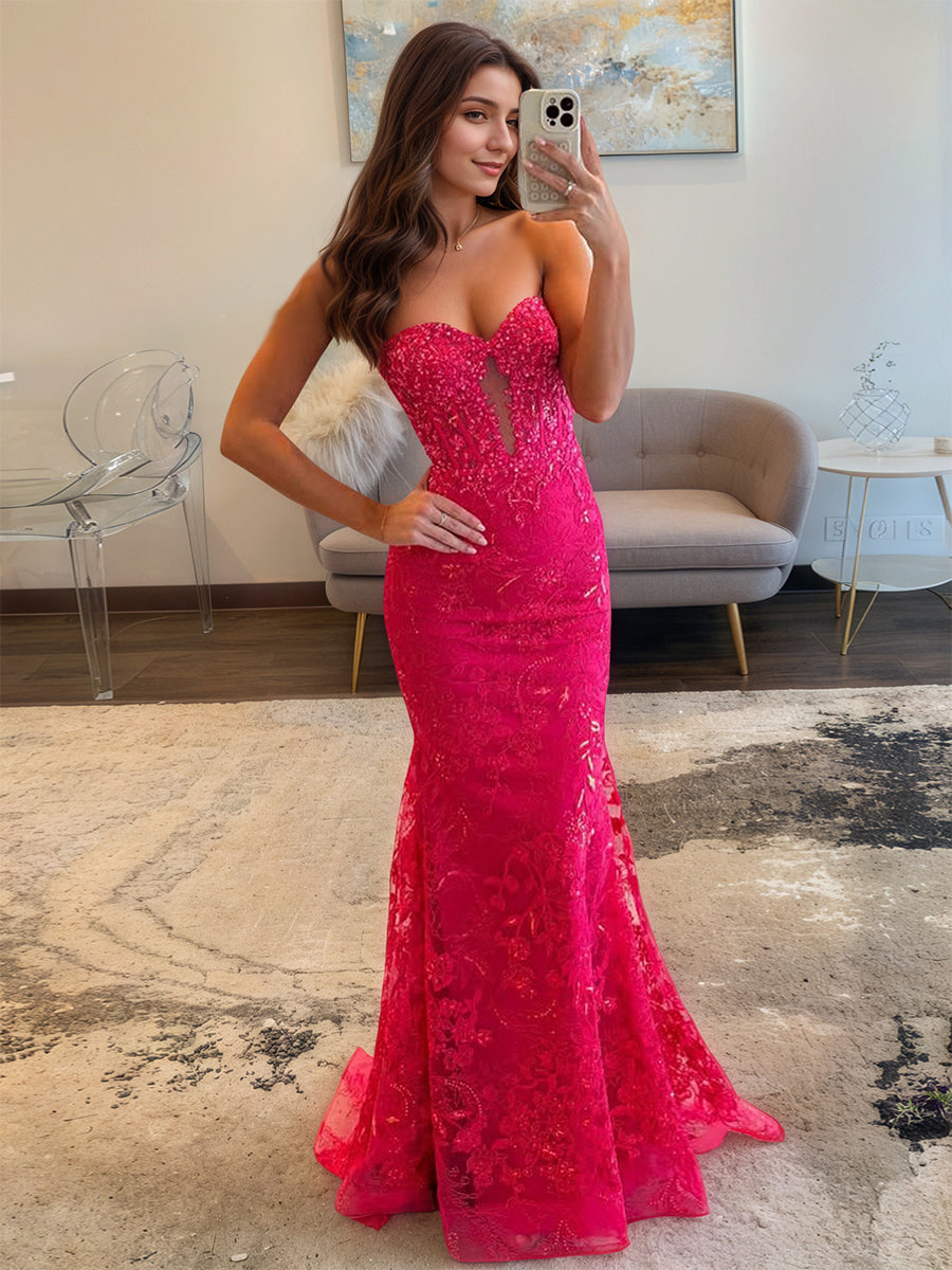 Sweetheart Strapless Empire Lace Mermaid Long Prom Dress