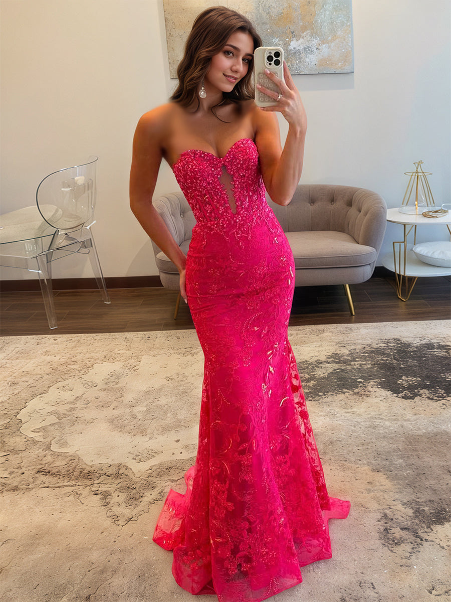 Sweetheart Strapless Empire Lace Mermaid Long Prom Dress