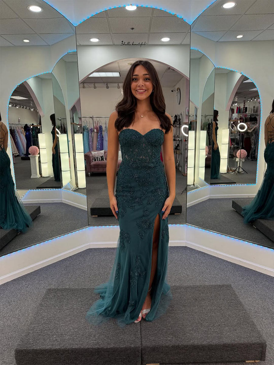 Sweetheart Strapless Floral Lace Prom Dress with High Slit