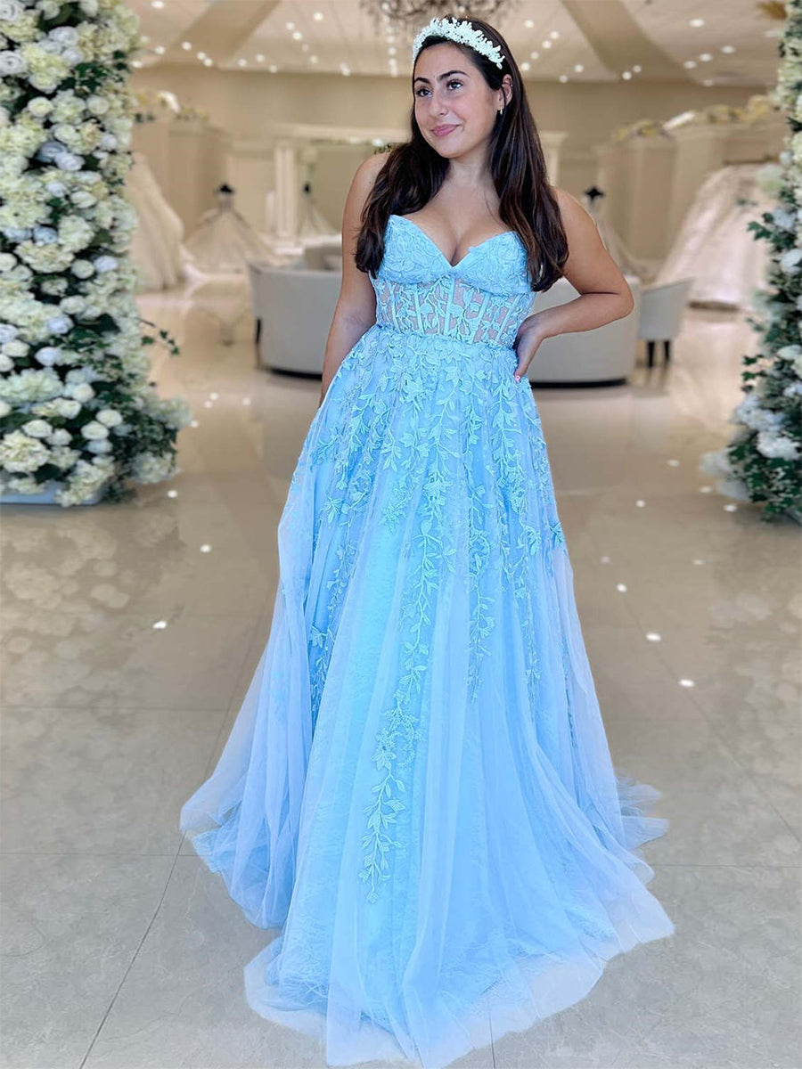 Sweetheart Strapless Lace Corset A-Line Long Prom Dress