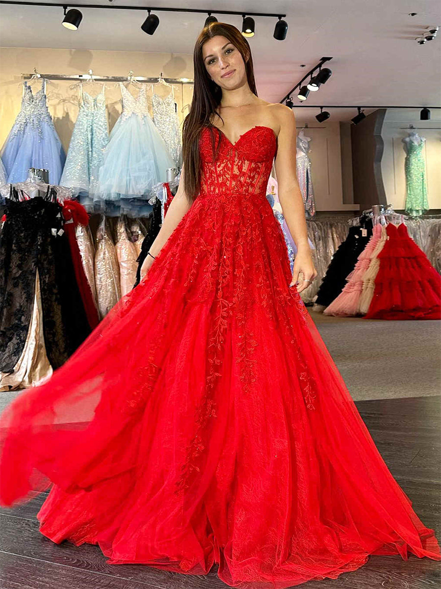 Sweetheart Strapless Lace Corset A-Line Long Prom Dress