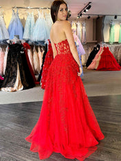 Sweetheart Strapless Lace Corset A-Line Long Prom Dress