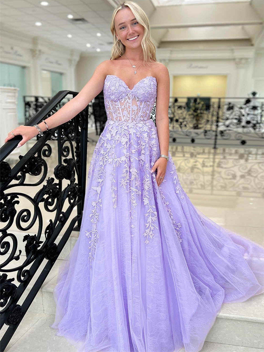 Sweetheart Strapless Lace Corset A-Line Long Prom Dress