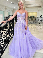 Sweetheart Strapless Lace Corset A-Line Long Prom Dress