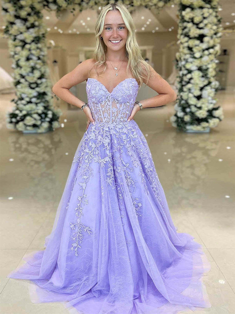 Sweetheart Strapless Lace Corset A-Line Long Prom Dress