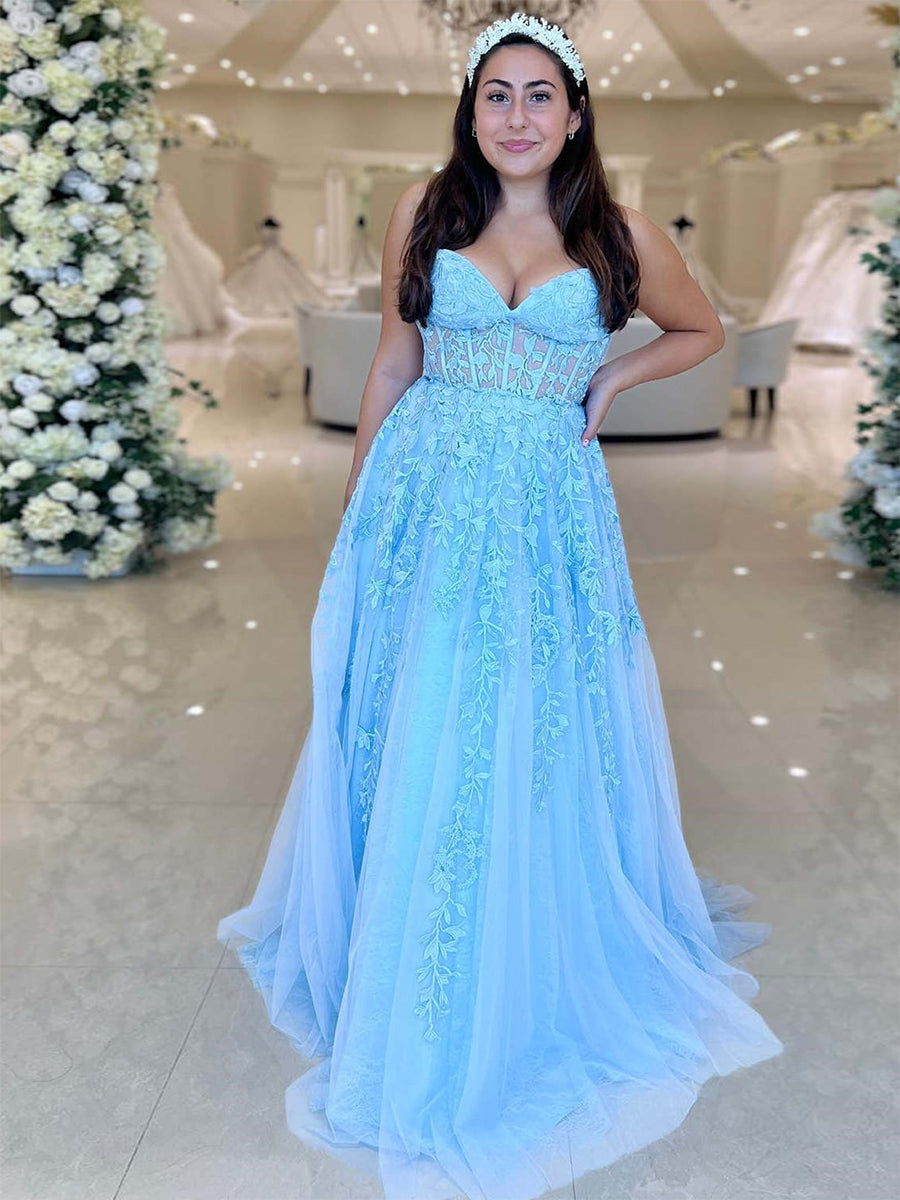 Sweetheart Strapless Lace Corset A-Line Long Prom Dress