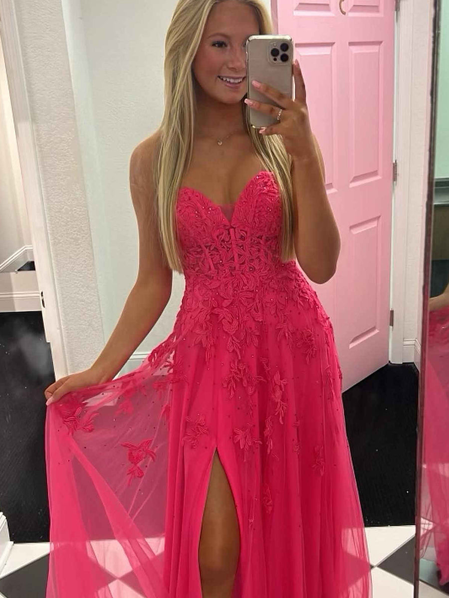Sweetheart Strapless Lace Corset A-Line Long Prom Dress