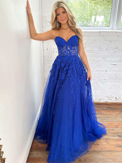Sweetheart Strapless Lace Corset A-Line Long Prom Dress