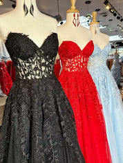 Sweetheart Strapless Lace Corset A-Line Long Prom Dress