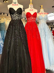 Sweetheart Strapless Lace Corset A-Line Long Prom Dress