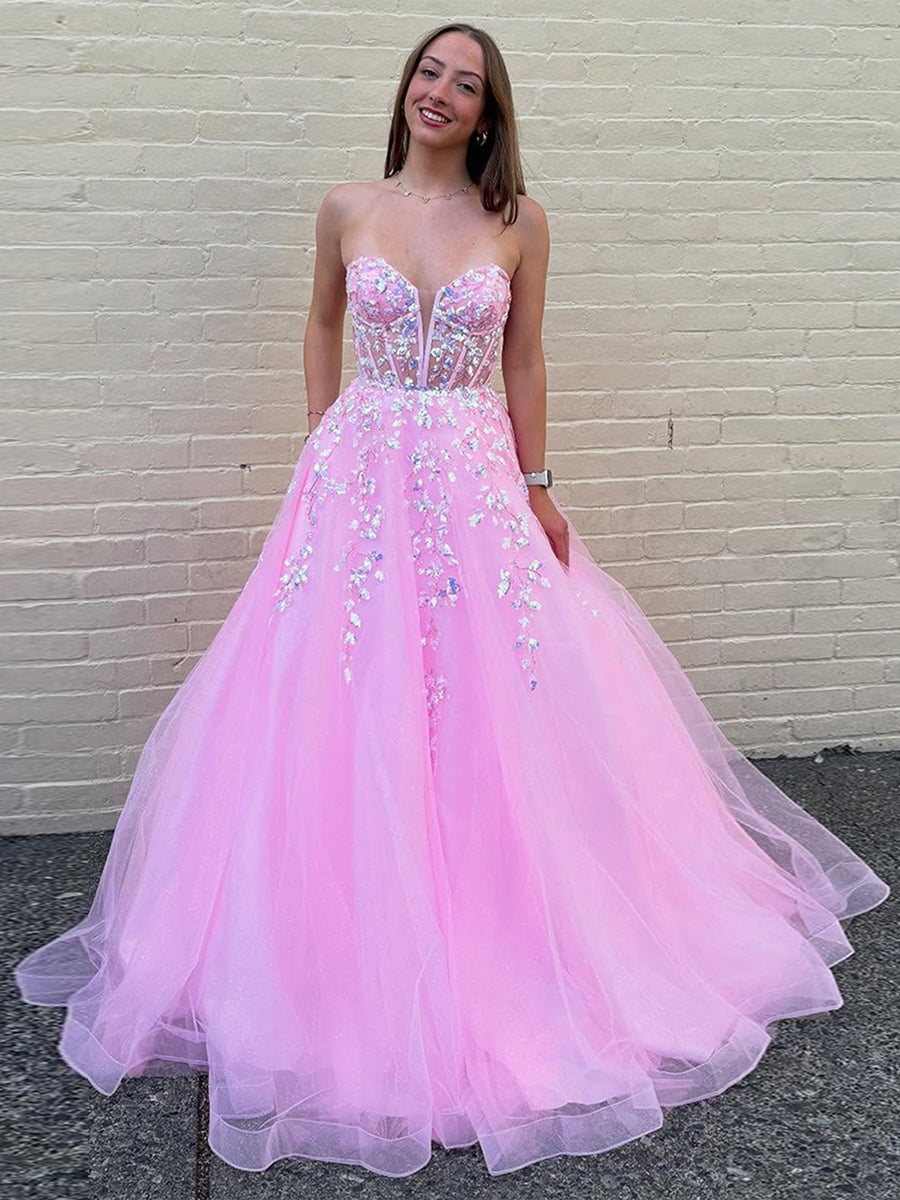 Dreamylily Ball Gown Sweetheart Strapless Long Corset Prom Dress with