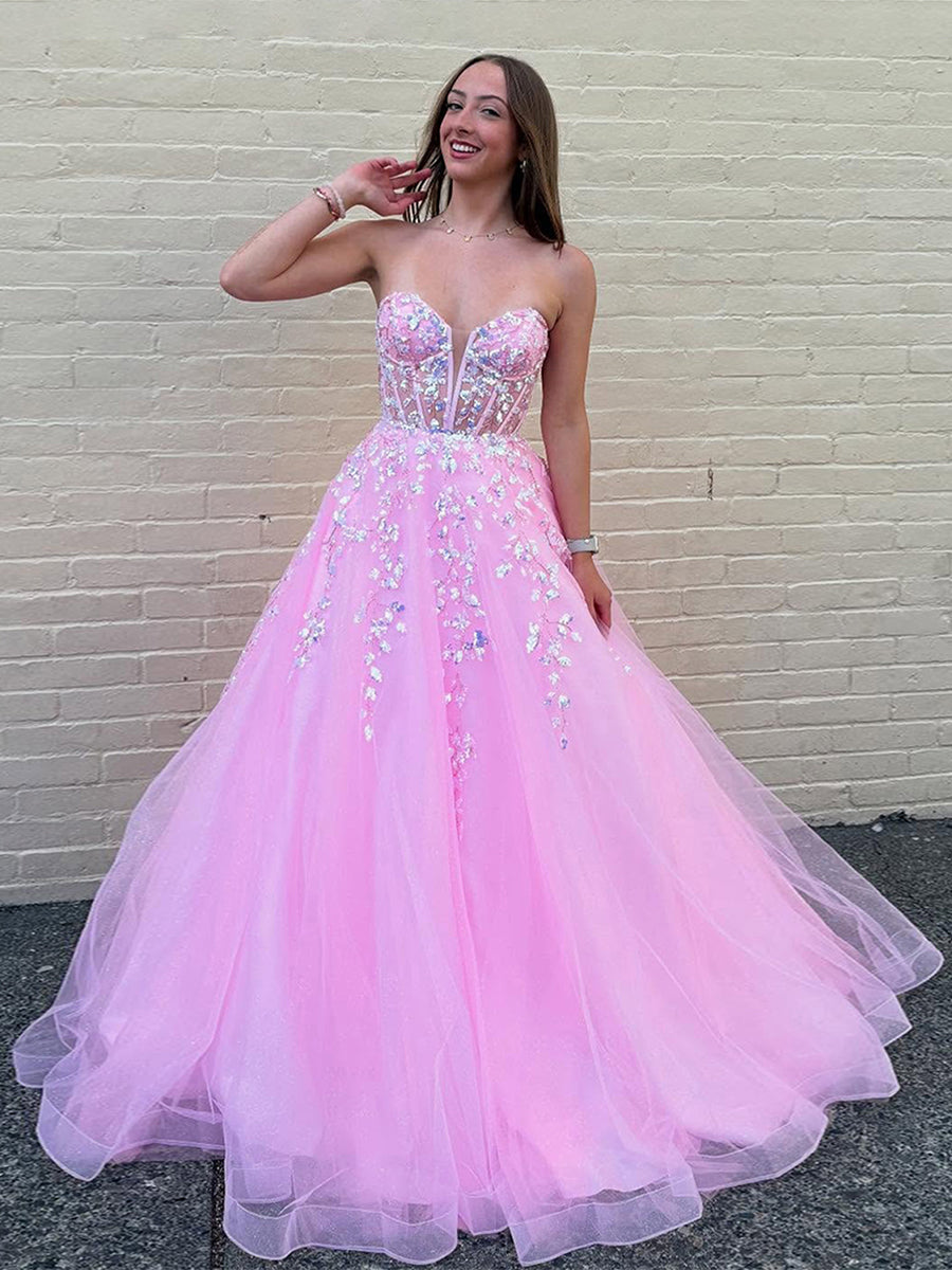 Dreamylily Ball Gown Sweetheart Strapless Long Corset Prom Dress with