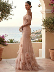 Sweetheart Tulle Off the Shoulder Pleat Mermaid Evening Dresses with 3D Flower