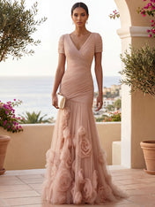 Sweetheart Tulle Short Sleeves Pleat Mermaid Evening Dresses with 3D Flower