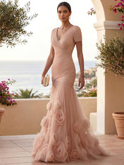 Sweetheart Tulle Short Sleeves Pleat Mermaid Evening Dresses with 3D Flower