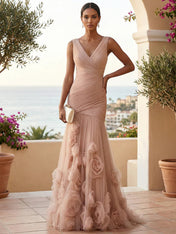 Sweetheart Tulle V Neck Pleat Mermaid Evening Dresses with 3D Flower