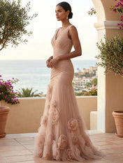 Sweetheart Tulle V Neck Pleat Mermaid Evening Dresses with 3D Flower