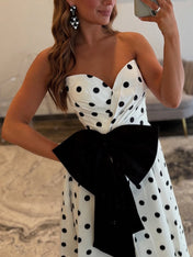 Sweetheart Dot Satin Long Prom Dress with Bow