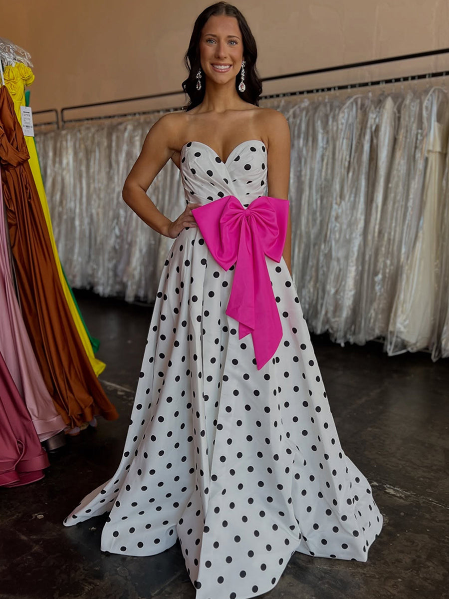 Sweetheart Dot Satin Long Prom Dress with Bow