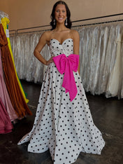 Sweetheart Dot Satin Long Prom Dress with Bow