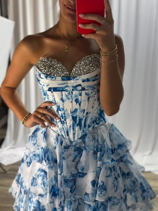 Sweetheart Strapless A-Line Empire Beaded Floral Homecoming Dress