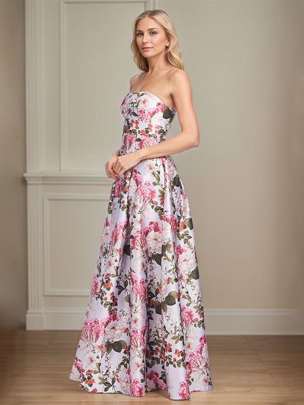 A-Line Off the Shoulder Floor Length Satin Floral Mother of the Bride Dress