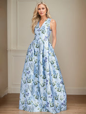 A-Line V-Neck Light Blue Floral Mother of the Bride Dress