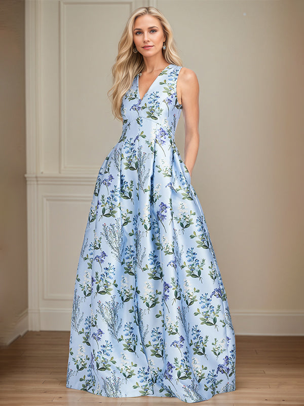 Dreamylily Women A-Line V-Neck Light Blue Floral Mother of the Bride Dress