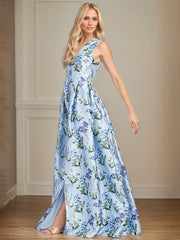 A-Line V-Neck Light Blue Floral Mother of the Bride Dress