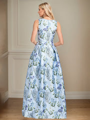 A-Line V-Neck Light Blue Floral Mother of the Bride Dress