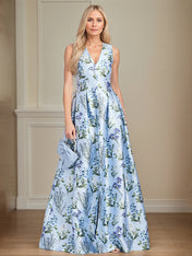 A-Line V-Neck Light Blue Floral Mother of the Bride Dress