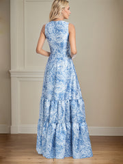 A-Line V-Neck Light Bue Floral Satin Mother of the Bride Dress