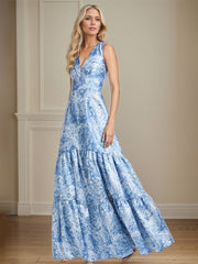 A-Line V-Neck Light Bue Floral Satin Mother of the Bride Dress