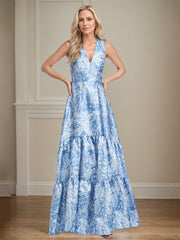 A-Line V-Neck Light Bue Floral Satin Mother of the Bride Dress