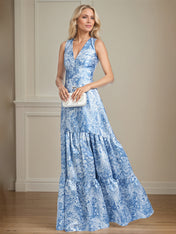 A-Line V-Neck Light Bue Floral Satin Mother of the Bride Dress