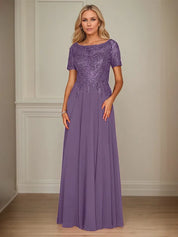 A Line Chiffon Boat Neck Short Sleeves Floor Length Mother of the Bride Dresses