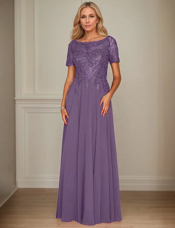 A Line Chiffon Boat Neck Short Sleeves Floor Length Mother of the Bride Dresses