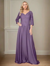 A Line Chiffon V Neck 3/4 Sleeves Floor-Length Mother Of The Bride Dress With Appliques
